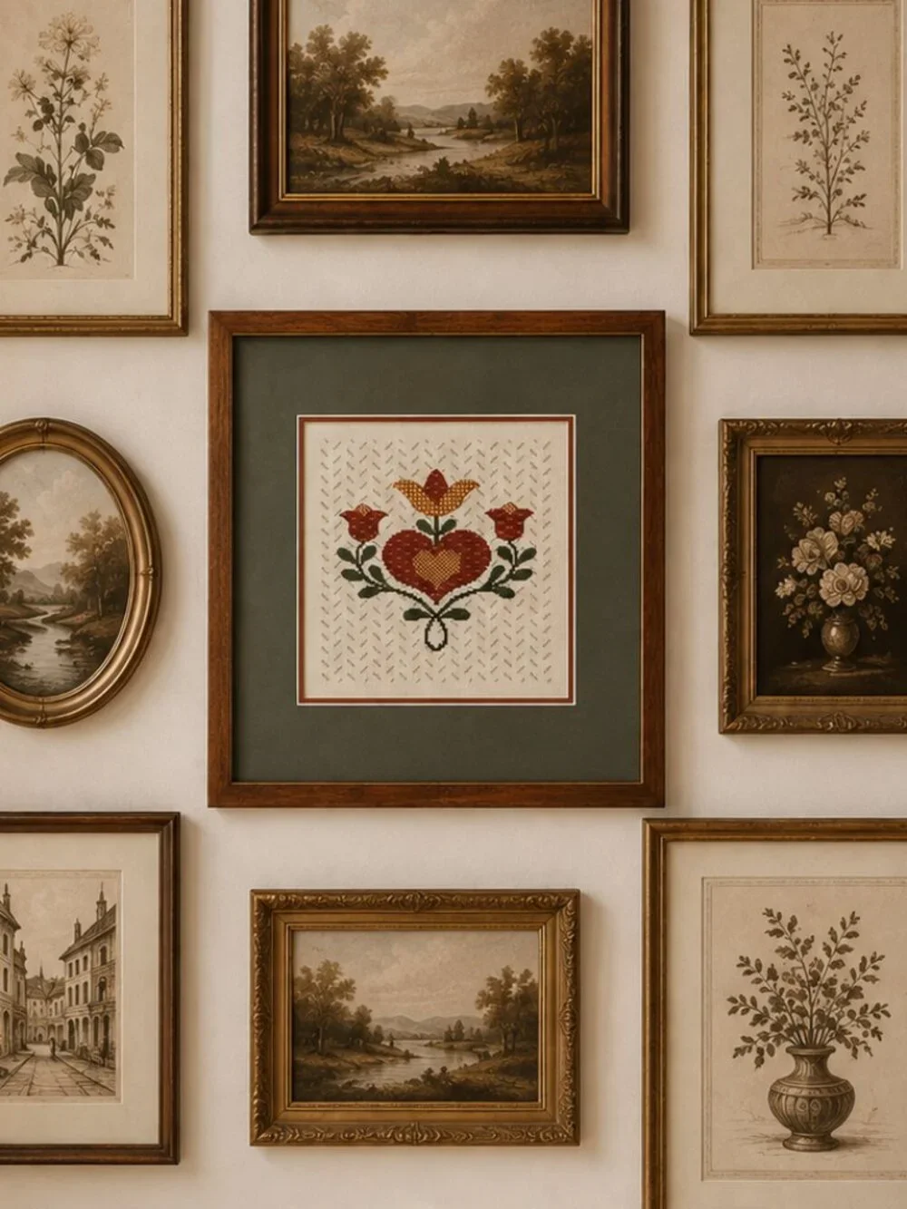 Vintage Cross Stitch Folk-Art Floral Botanical Needlework